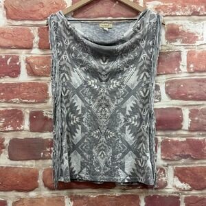 One World Tank Women's Medium Gray Boho Aztec Rhinestone Fringe Cowl Neck Shirt